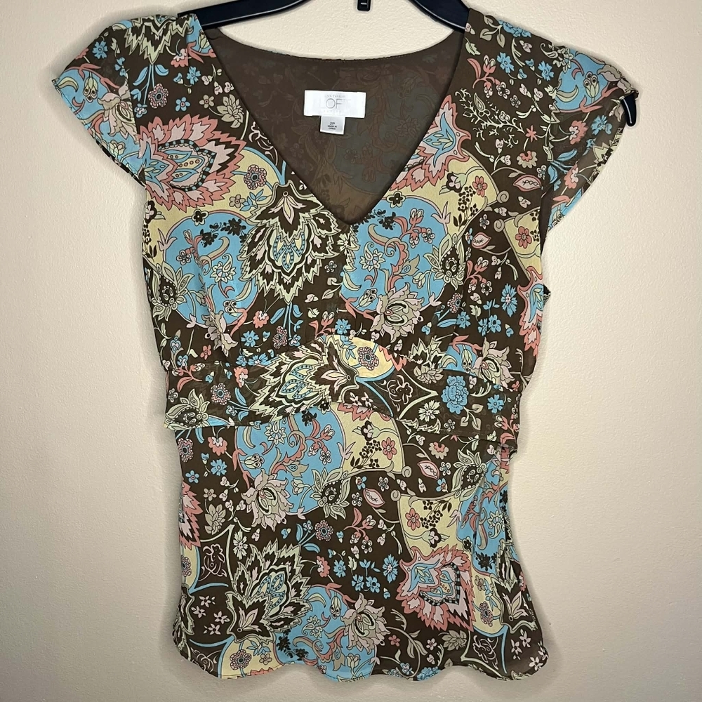 Ann Taylor Loft Y2K 2P Green And Brown Paisley Cap Sleeve Tie Back Blouse